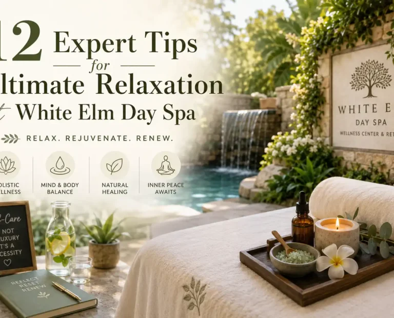 Luxury relaxation setup at White Elm Day Spa Wellness Center & Retreat with spa essentials, candles, and calming outdoor ambiance.