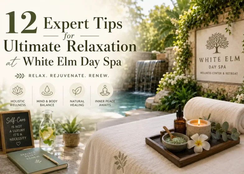Luxury relaxation setup at White Elm Day Spa Wellness Center & Retreat with spa essentials, candles, and calming outdoor ambiance.