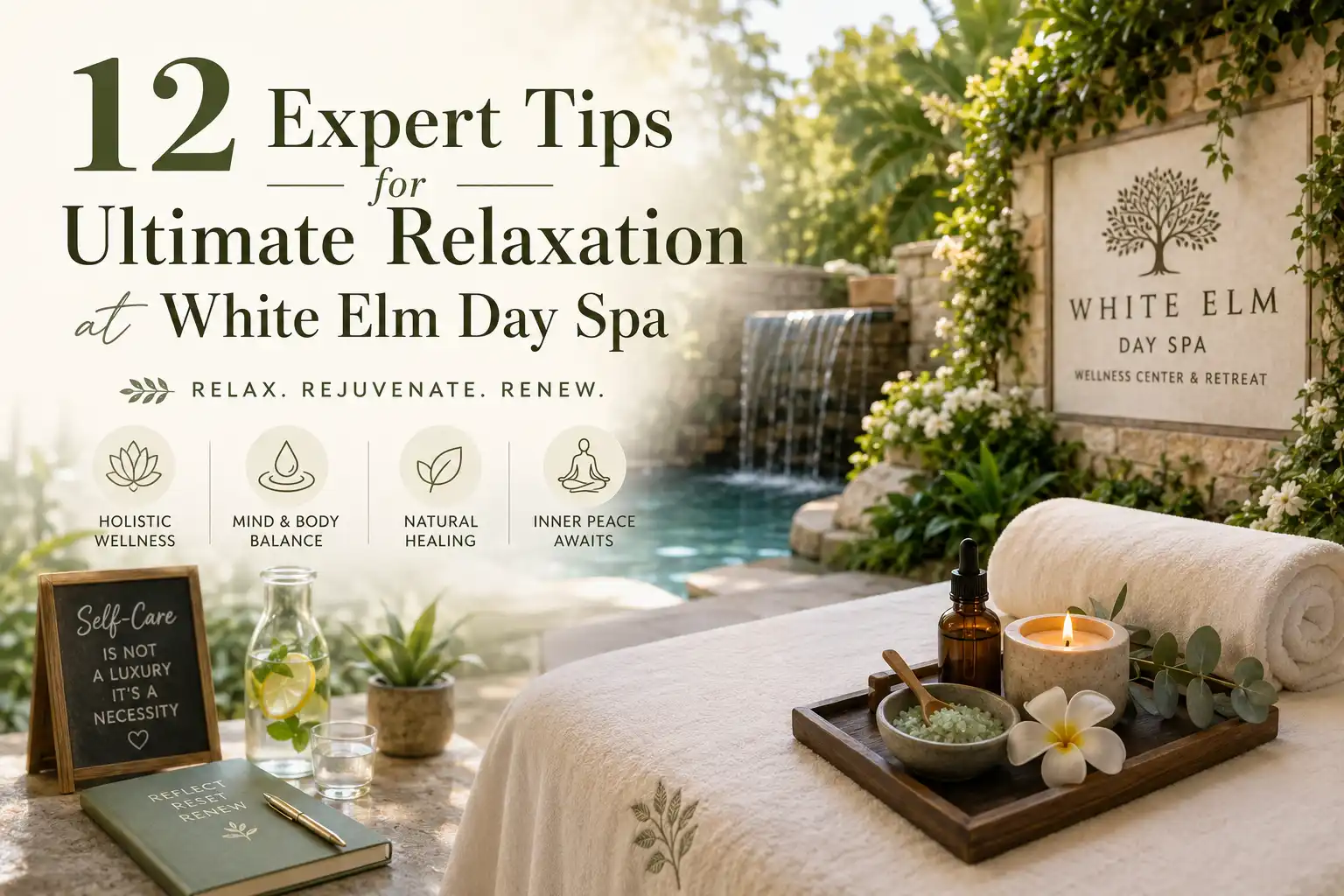 Luxury relaxation setup at White Elm Day Spa Wellness Center & Retreat with spa essentials, candles, and calming outdoor ambiance.