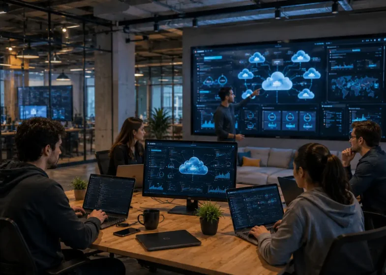 Startup team using cloud computing systems and digital infrastructure in a modern office