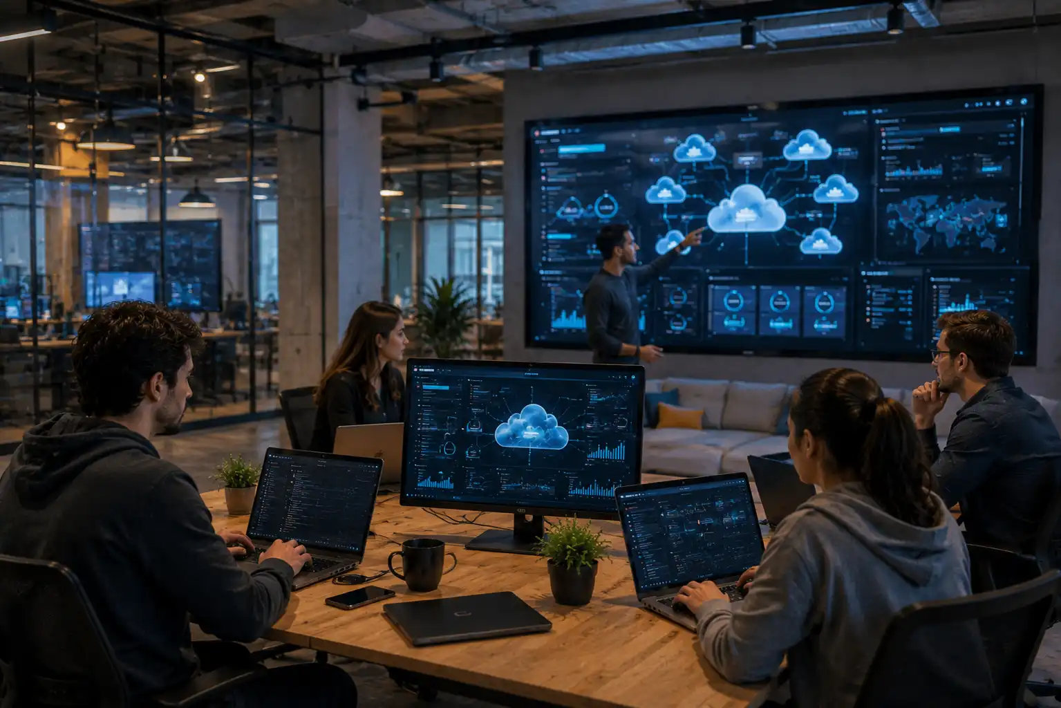 Startup team using cloud computing systems and digital infrastructure in a modern office