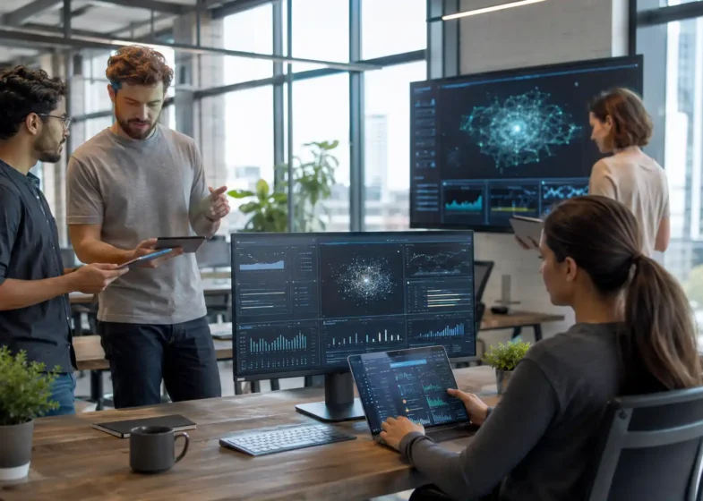 Small business team using AI tools and automation software in a modern office