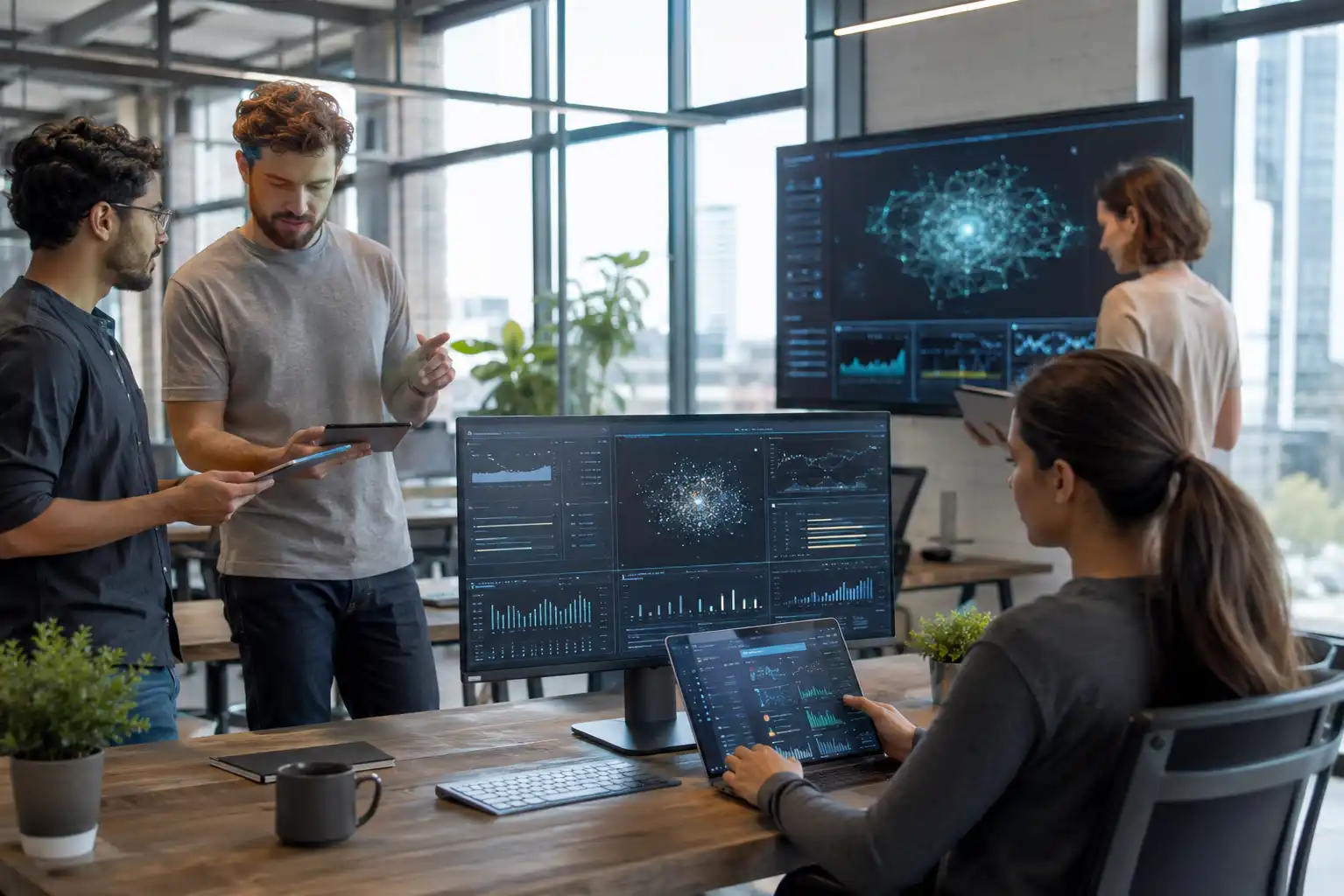 Small business team using AI tools and automation software in a modern office