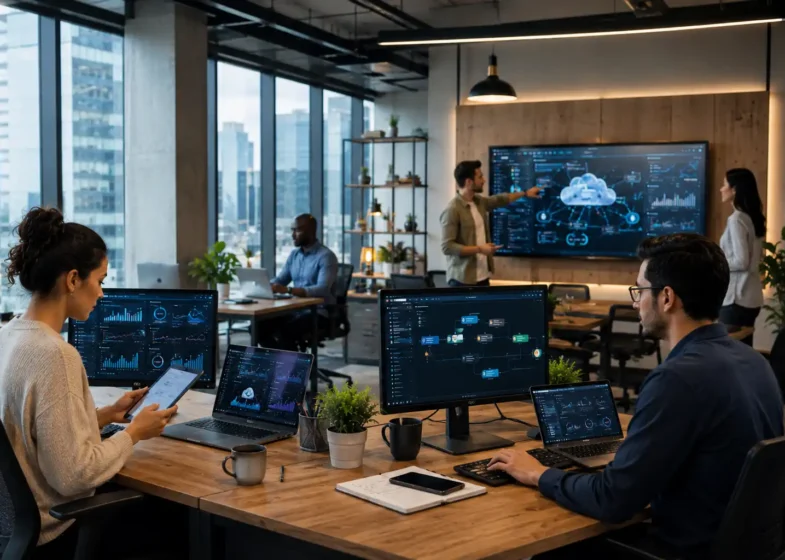 Small business team using modern technology solutions and digital business software