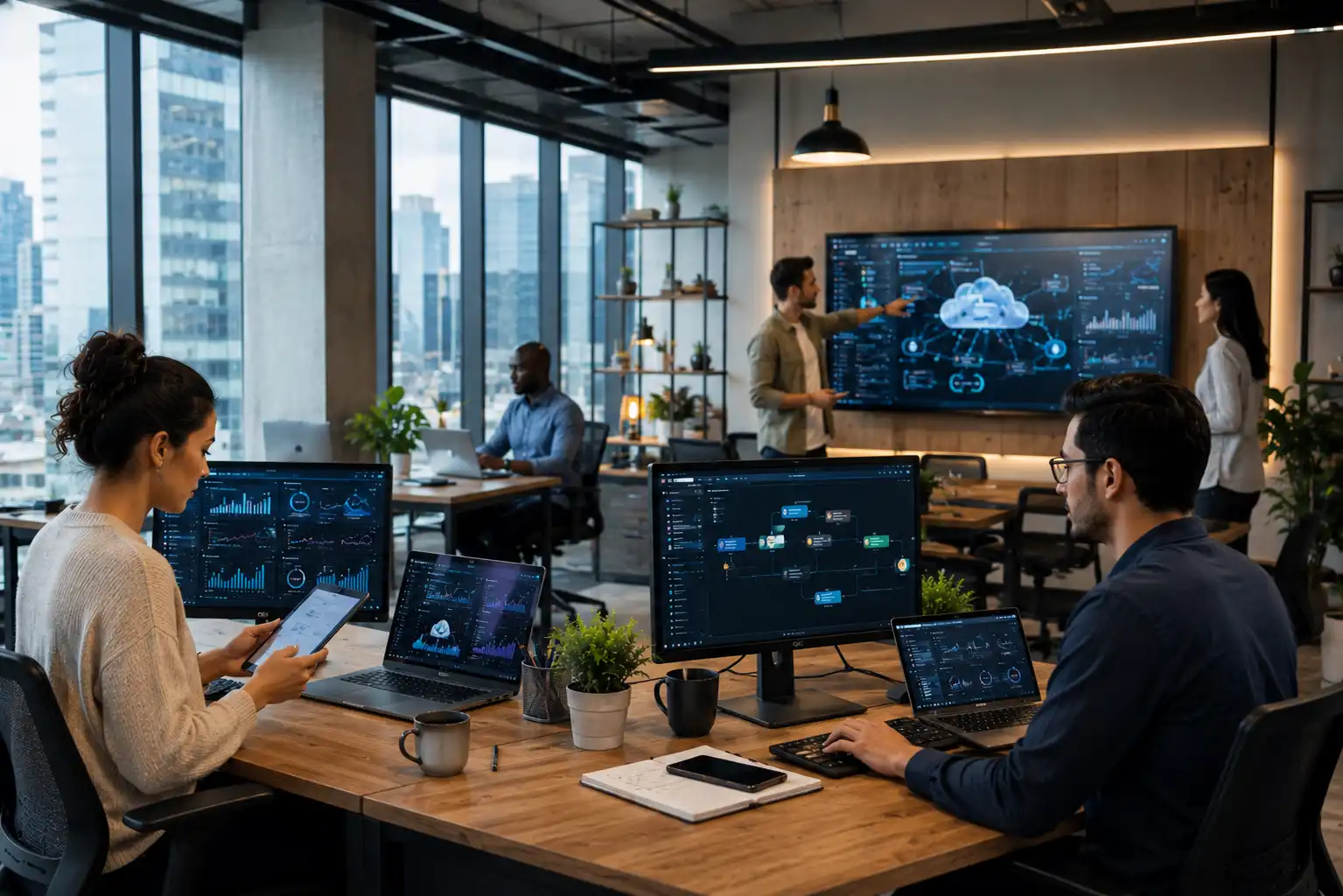 Small business team using modern technology solutions and digital business software