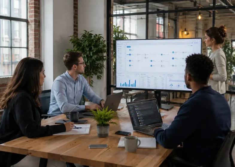 Business team using workflow automation software and productivity tools in a modern office