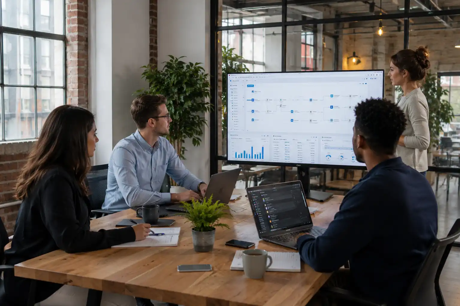 Business team using workflow automation software and productivity tools in a modern office