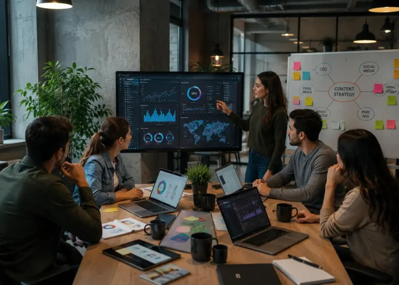 Content marketing team using SEO tools and digital analytics for traffic growth