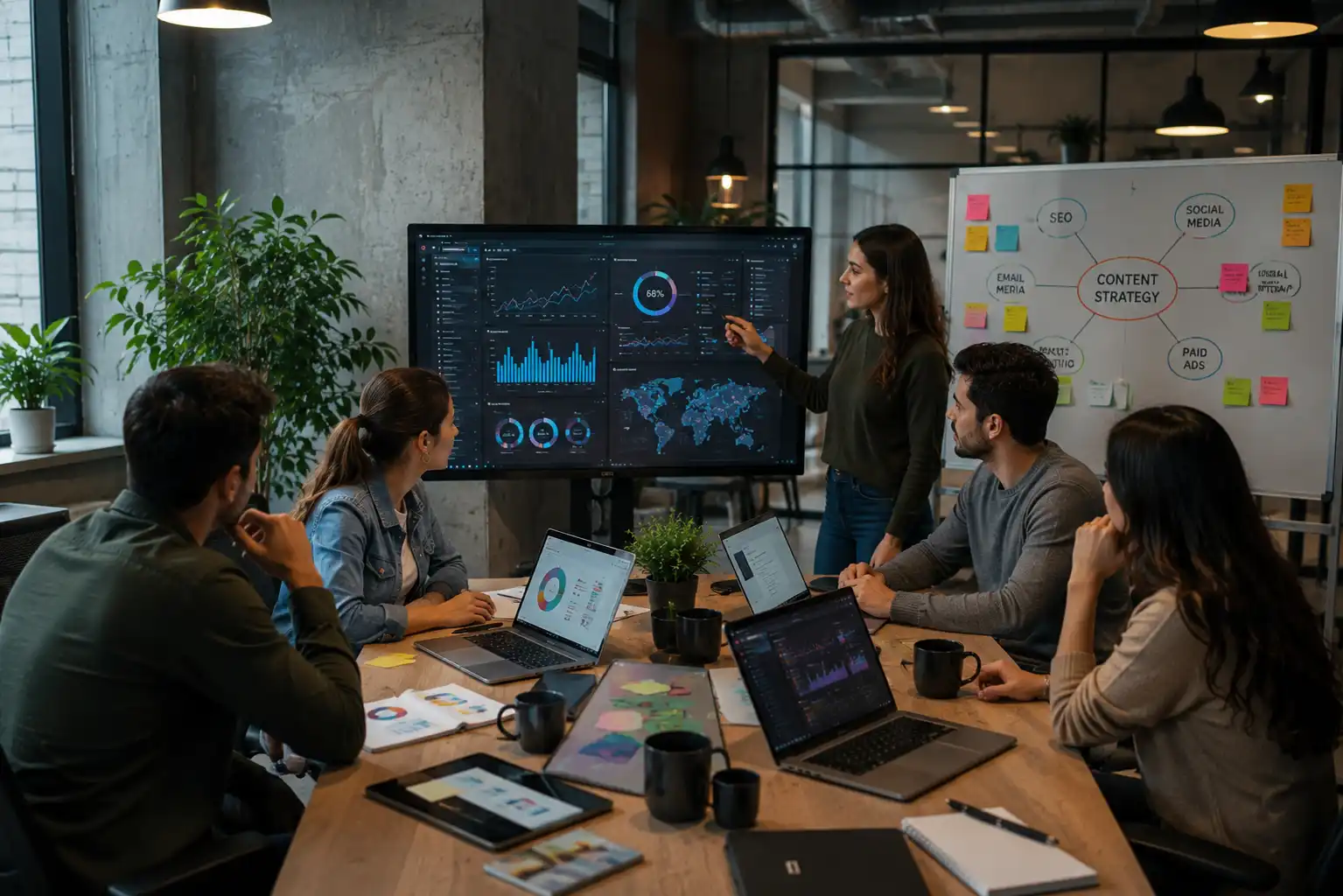 Content marketing team using SEO tools and digital analytics for traffic growth