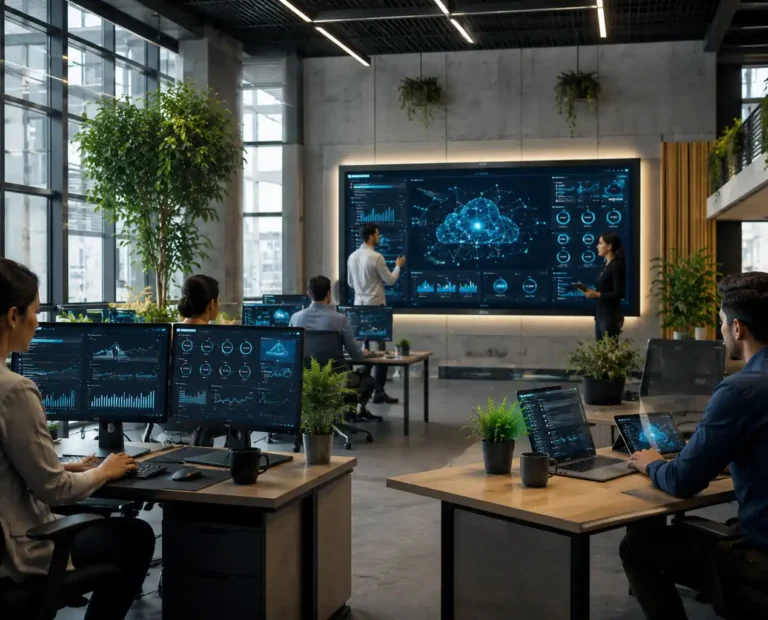 Modern business team using AI, automation, and cloud technology in a digital office