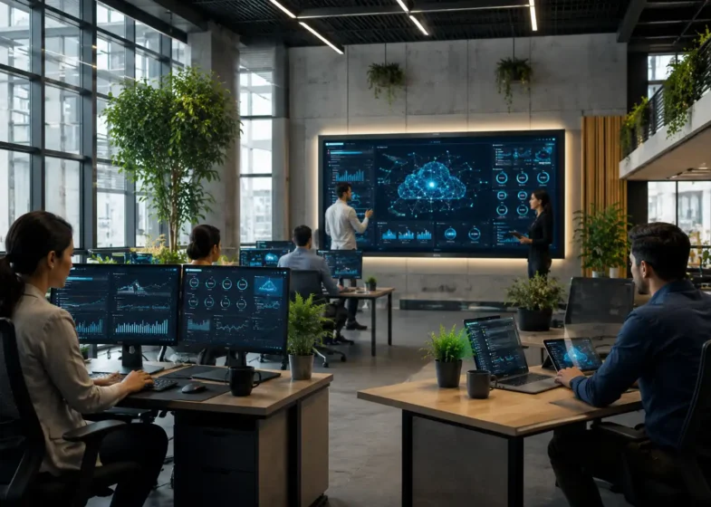 Modern business team using AI, automation, and cloud technology in a digital office