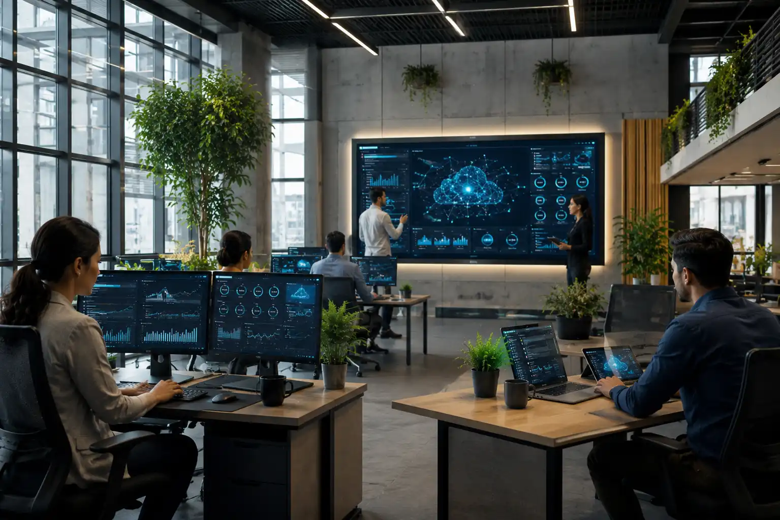 Modern business team using AI, automation, and cloud technology in a digital office