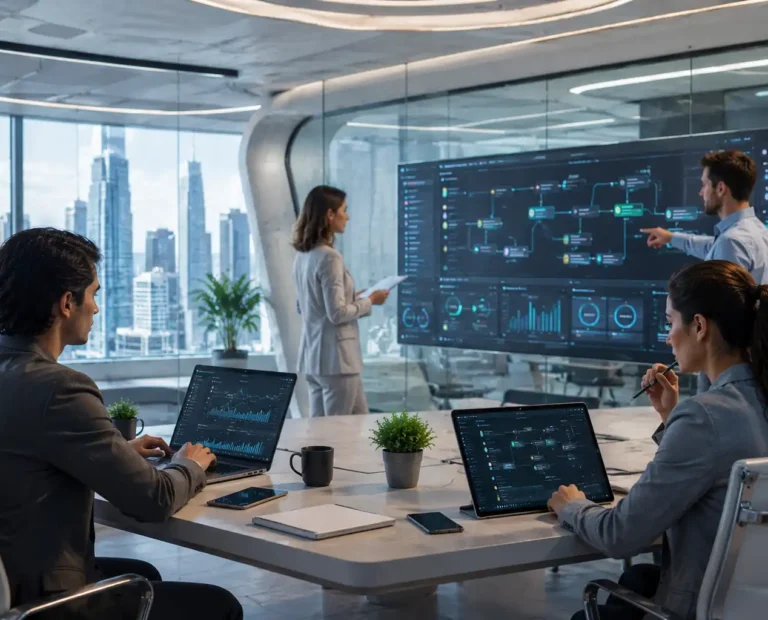 Modern business team using AI-powered software automation systems and digital workflows