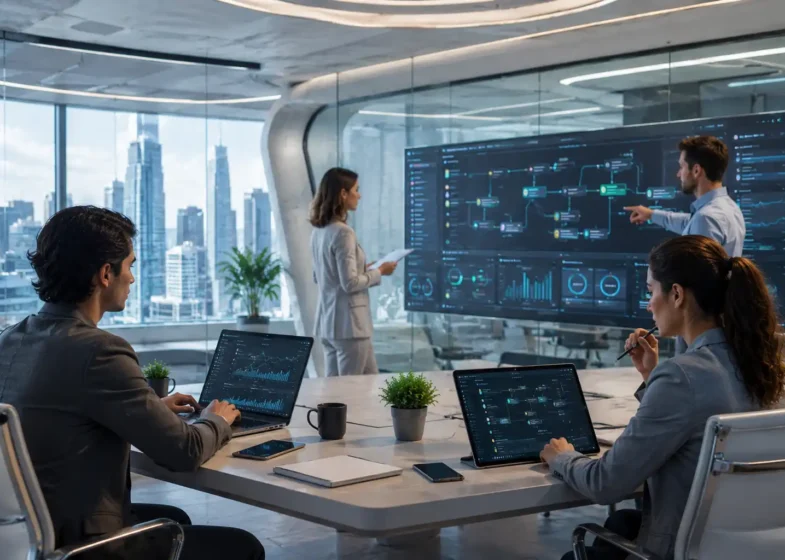 Modern business team using AI-powered software automation systems and digital workflows