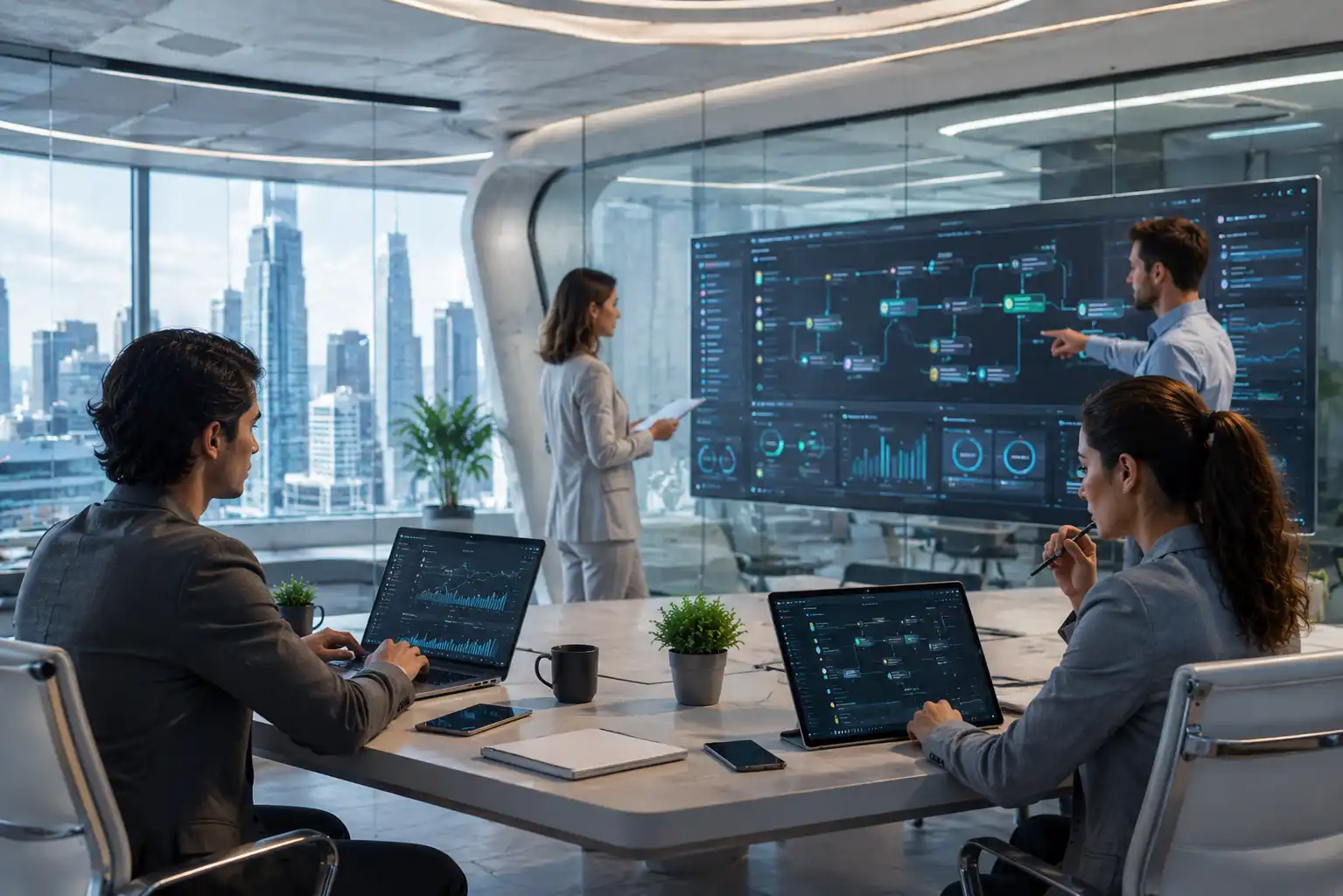 Modern business team using AI-powered software automation systems and digital workflows