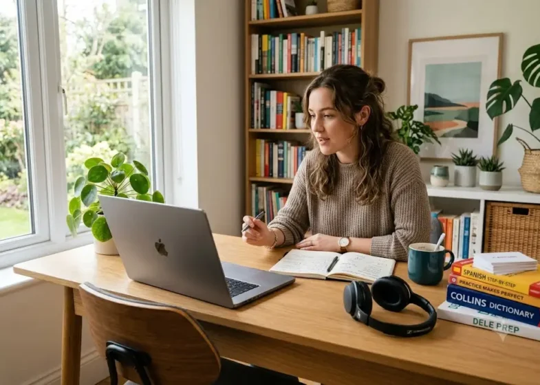 Student using an AI language tutor on a laptop to practice speaking and grammar