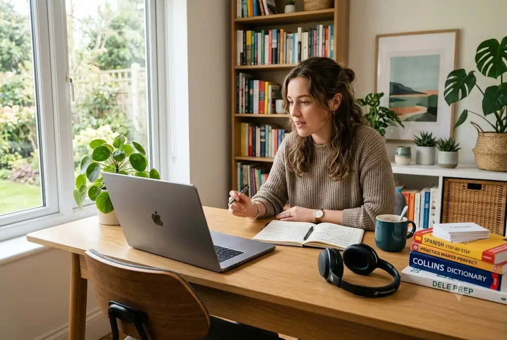 Student using an AI language tutor on a laptop to practice speaking and grammar