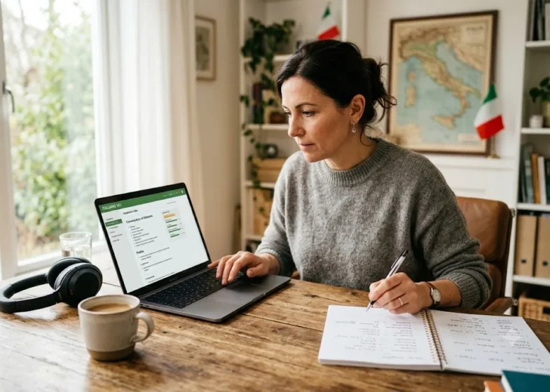 Person using the best software to learn Italian on a laptop during an online study session