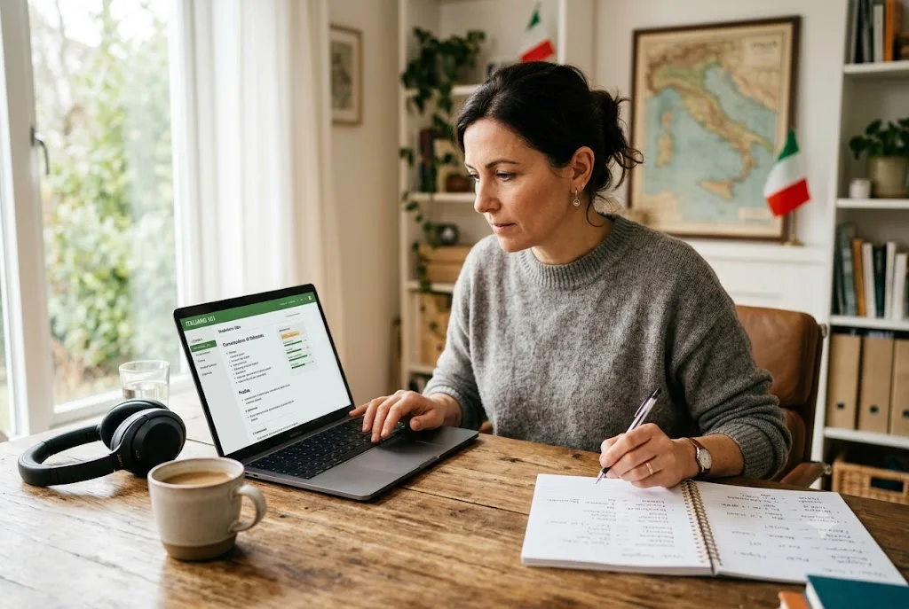 Person using the best software to learn Italian on a laptop during an online study session