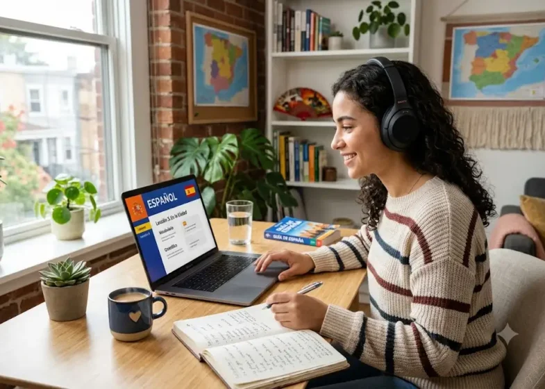 Student using the best Spanish language software on a laptop for online language learning