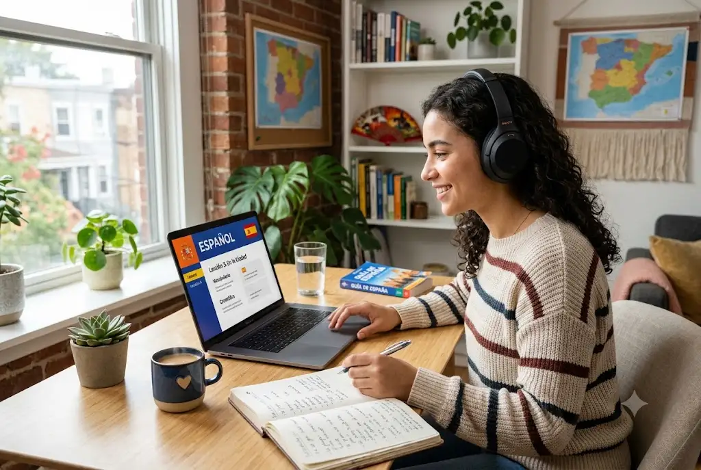 Student using the best Spanish language software on a laptop for online language learning