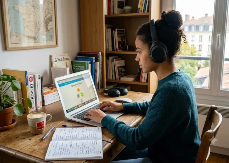 Student using French language learning software on a laptop for online language study