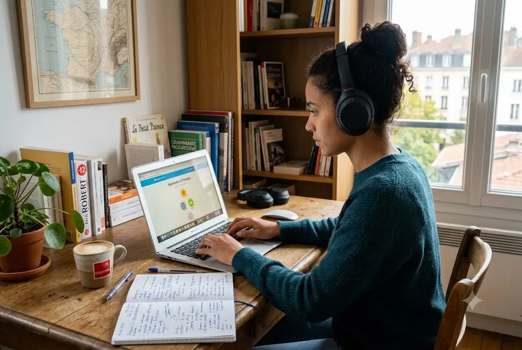 Student using French language learning software on a laptop for online language study