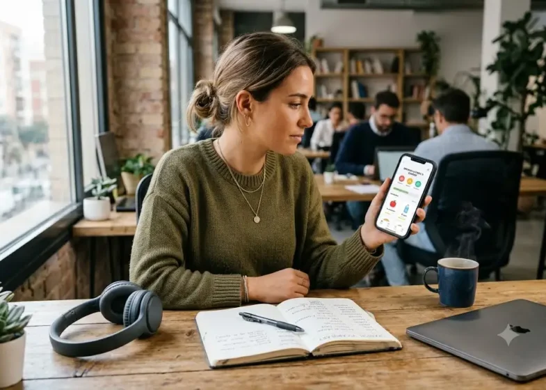 Person using language apps for Spanish on a smartphone during an online study session