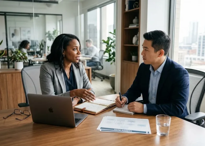 Career coaching session helping a professional plan career growth