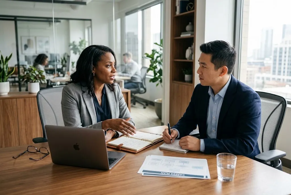 Career coaching session helping a professional plan career growth