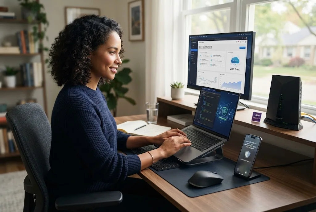 Cybersecurity tips for remote workers using secure devices, authentication, and protected home networks
