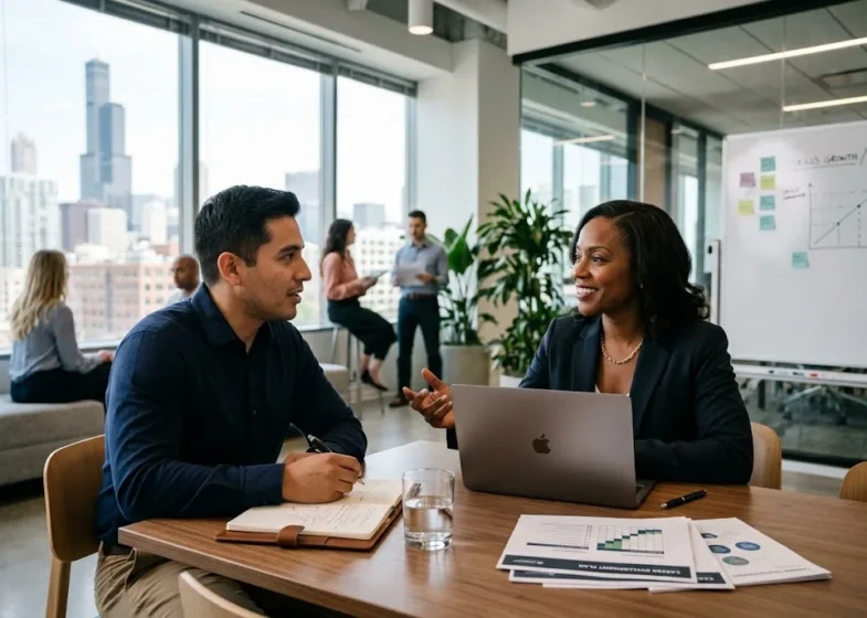 Employee career development planning with a manager in a modern workplace