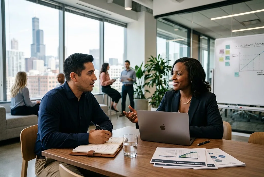 Employee career development planning with a manager in a modern workplace
